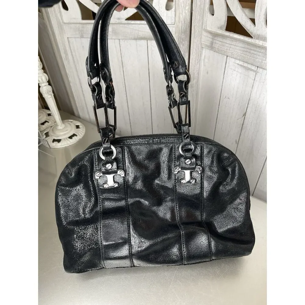 Tory Burch Black Sheen Crackle Leather Top Handle Bag Chunky Hardware Y2K